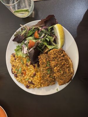 Fish with tomato rice and salad  at Kong - Food Made With Compassion in Lisbon
