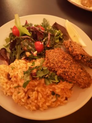 Fried vegan fish and rice with beans at Kong - Food Made With Compassion in Lisbon