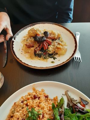 Potatoes with spinach and mushroom octopus at Kong - Food Made With Compassion in Lisbon