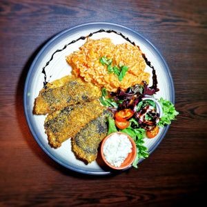 Fish with Tomato Rice and Salad at Kong - Food Made With Compassion in Lisbon