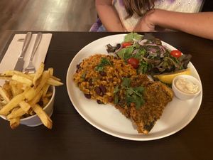 F*sh & rice (with an extra order of chips)  at Kong - Food Made With Compassion in Lisbon