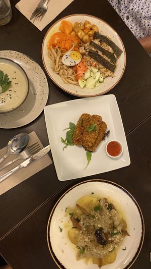 Daily soup, croquettes, vegan octopus and Thai bowl   at Kong - Food Made With Compassion in Lisbon