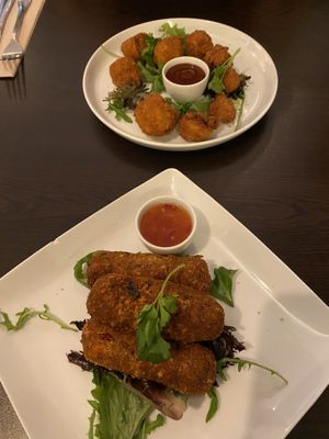 Cauliflower wings up top & sausage croquettes in the bottom  at Kong - Food Made With Compassion in Lisbon