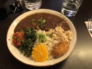 Dish of the day: Seitan stew, rice, beans, fried plantain and spinach.   at Kong - Food Made With Compassion in Lisbon