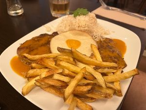 Bitoque: Seitan steak with Egg, rice, and fries at Kong - Food Made With Compassion in Lisbon