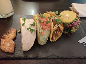 Tacos - mushroom and cheese, avo and meat/veg, and chicken with veggies at Kong - Food Made With Compassion in Lisbon