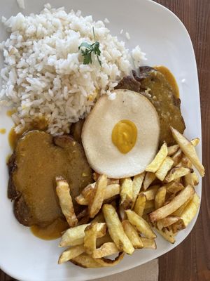Botoque! Seitan steak, white rice, French fries, vegan egg and mustard sauce.  at Kong - Food Made With Compassion in Lisbon