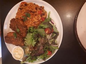 Typical fries fish (soy based) with tomato tice at Kong - Food Made With Compassion in Lisbon