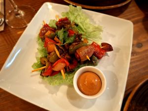 Espetadas a Portuguesa con salsa cocktail. at Kong - Food Made With Compassion in Lisbon