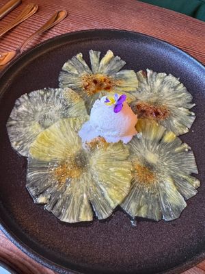 Pineapple carpaccio + coconut ice cream at Kong - Food Made With Compassion in Lisbon