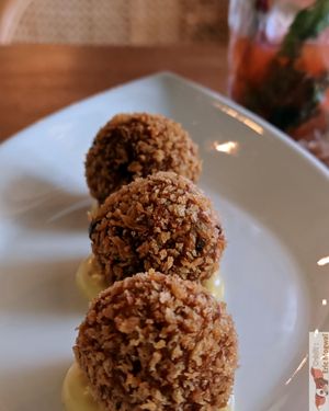 Croquetes de Alheira : Their version of Portuguese croquettes, a delight with an excellent mustard mayonnaise. at Kong - Food Made With Compassion in Lisbon