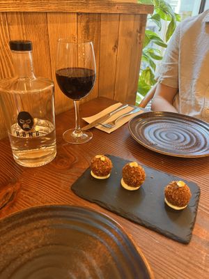 Croquettes and Kong wine   at Kong - Food Made With Compassion in Lisbon