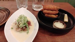 "Scallops" with strawberry chutney (left) and fried cuttlefish (right). at Kong - Food Made With Compassion in Lisbon