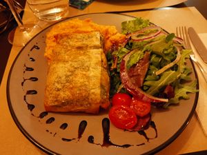 Spinach & sausage pie with sweet potato mash... Super tasty and filling.  at Kong - Food Made With Compassion in Lisbon