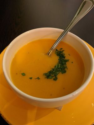carrot cream soup at Kong - Food Made With Compassion in Lisbon