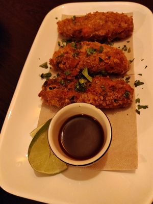 Croquetes de alheira e queijo com molho barbecue caseiro at Kong - Food Made With Compassion in Lisbon