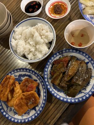 Rice with tofu and aubergine  at Lien Hoa in Hue