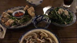1. Fried spring rolls 2. Fried cabbage and mushrooms and 3. Hudon soup at Lien Hoa in Hue
