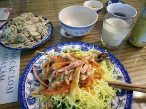 Fried spaghetti, jackfruit with sesame and soy milk at Lien Hoa in Hue