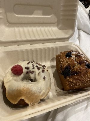 Tofu Donut with Peanut Butter glaze and a Banana Bread with blueberries   at Khamsa in Erskineville