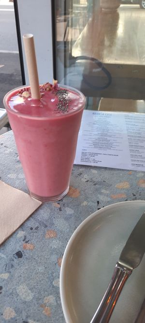 Raspberry smoothie at Khamsa in Erskineville