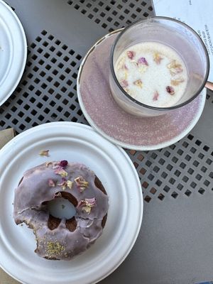 Carob latte and donut  at Khamsa in Erskineville