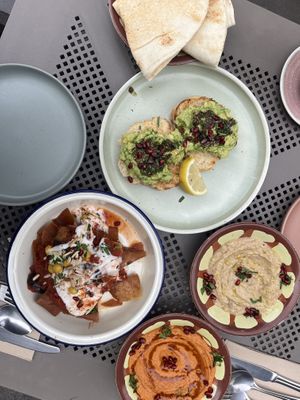 Avocado bagel, capsicum and hummus dip, Fattet Makdous   at Khamsa in Erskineville