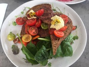 Sourdough toast with heirloom mushrooms and olive tapenade at Khamsa in Erskineville