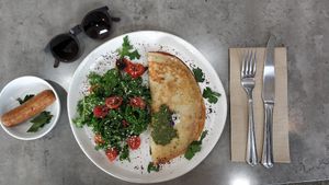 Mushroom crepe, with a side of sausage ;-) at Khamsa in Erskineville