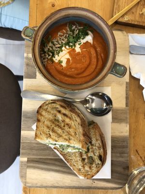 tomato and bell pepper soup, with amazing mozzarella-pesto grilled sandwiches   at Deli Devi in Koh Phangan