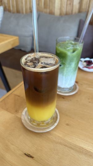 Orange Espresso and Matcha Latte with soy milk   at Deli Devi in Koh Phangan