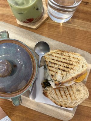 Pumpkin soup & cheese sandwich   at Deli Devi in Koh Phangan