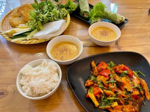 Sweet and sour seitan, bánh xèo and rice paper rolls.  at Tiem Chay Xua in Da Nang
