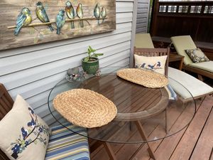 Your private deck space includes table for two, lounge chairs, fireplace, electric outlet for our business travelers and shade umbrella   at Cottage House Vegan Airbnb in West Linn