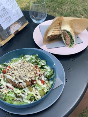 bean burger salad & bean burger wrap at Tavci Kuhna in Lesce