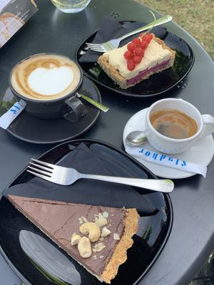 hazelnut pie, vanilla and berry pie, cappuccino, espresso at Tavci Kuhna in Lesce
