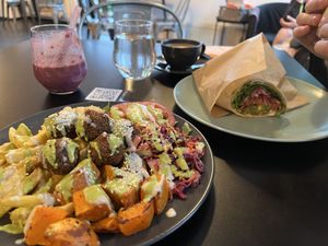 Falafel plate (left) and falafel wrap (right) at Tavci Kuhna in Lesce