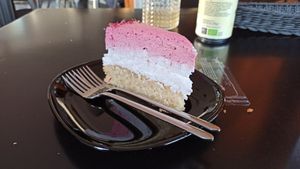 Coconut-rasberry cake at Tavci Kuhna in Lesce