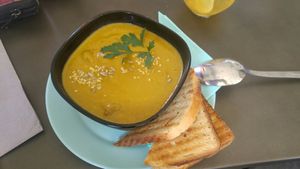 Carrot soup with ginger and soya peaces at Tavci Kuhna in Lesce