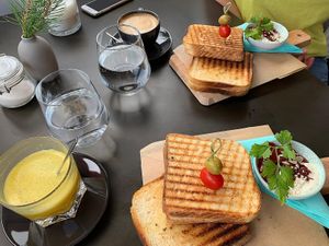 Vegan Cheese Toast, coffee and Turmeric Latte at Tavci Kuhna in Lesce