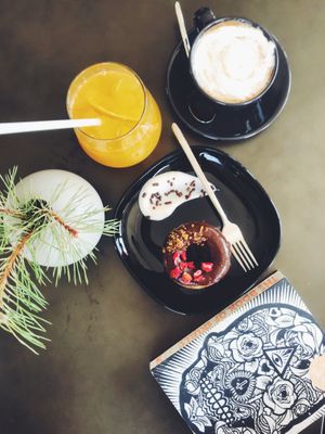 Doghnut, coffee with cream, juice at Tavci Kuhna in Lesce