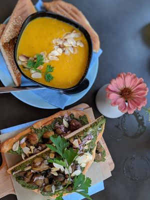 Pumpkin soup and pesto toast at Tavci Kuhna in Lesce