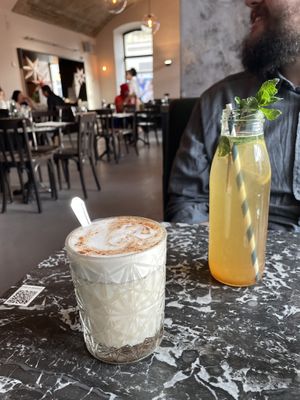 Chai latte and ice tea  at Cafe Drechsler in Vienna