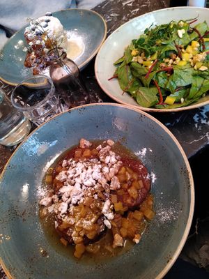 Chocolate pancakes and mango sandwich at Cafe Drechsler in Vienna