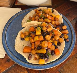 Vegan tacos with black beans, chickpeas, sweet potatoes, and other veggies  at The Beach House in Rincon