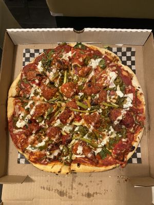 Buffalo cauliflower pizza  at The Pizza Castle and Indian Curry in Vancouver