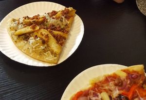 Potato pizza and bbq pizza at The Pizza Castle and Indian Curry in Vancouver