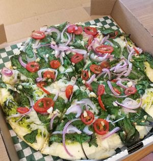 Pesto pizza at The Pizza Castle and Indian Curry in Vancouver