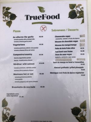 Dessert/pizza menu with English at bottom at True Food in Faro