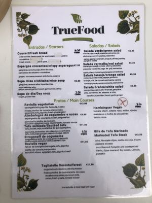 Main menu (English underneath items) at True Food in Faro